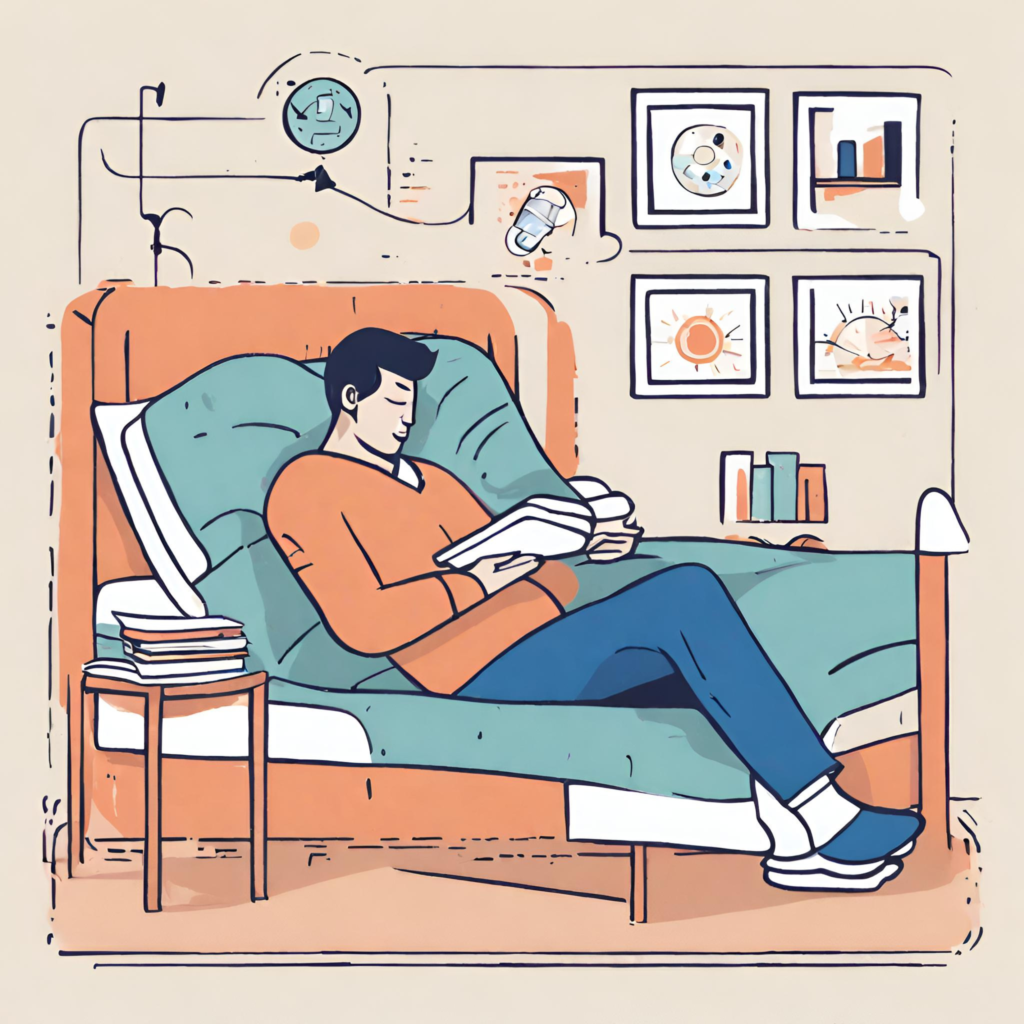 A man reading a book while reclined on a bed in the upright position, preparing for a nap. 