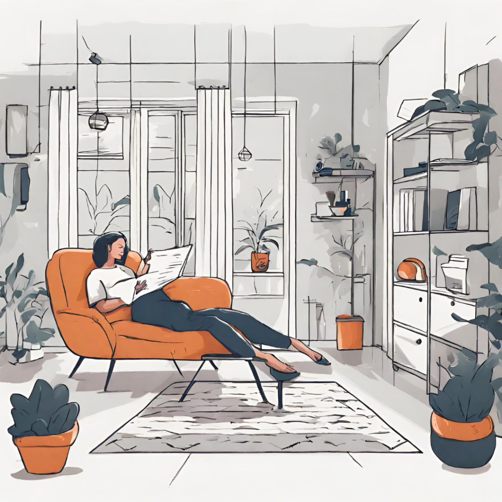 A woman reading on an orange recliner in a living room with a minimalist aesthetic for a perfect nap environment