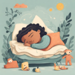 A child taking a nap on a bunch of pillows surrounded by plants and toys