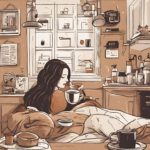 A woman drinking a cup of coffee in her kitchen as she prepares to take a coffee nap