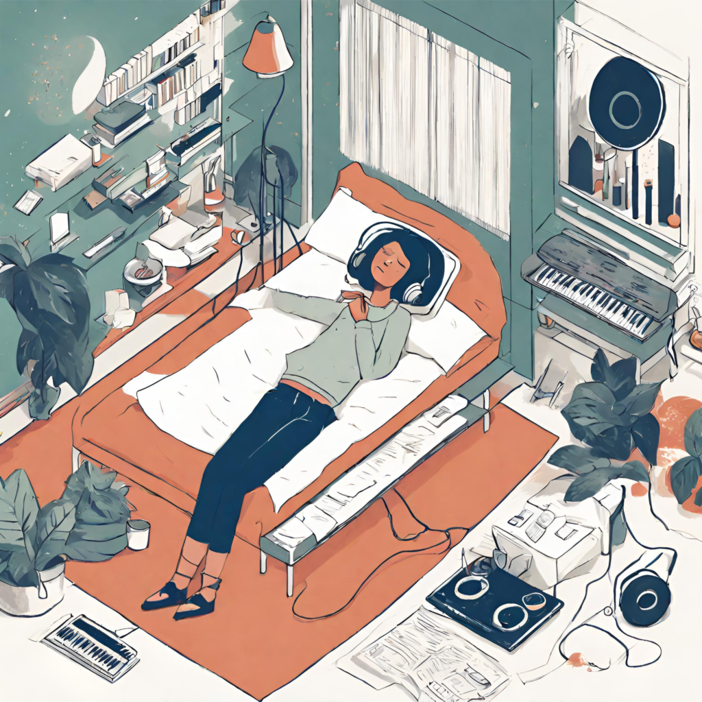 A woman listening to music and soundscape in her headphones on top of her bed while preparing for a nap