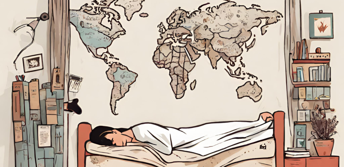 A person taking a nap with a map of the world on the wall to showcase different cultures