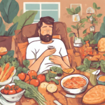 A bearded man eating vegetables and other types of food to enhance an upcoming nap