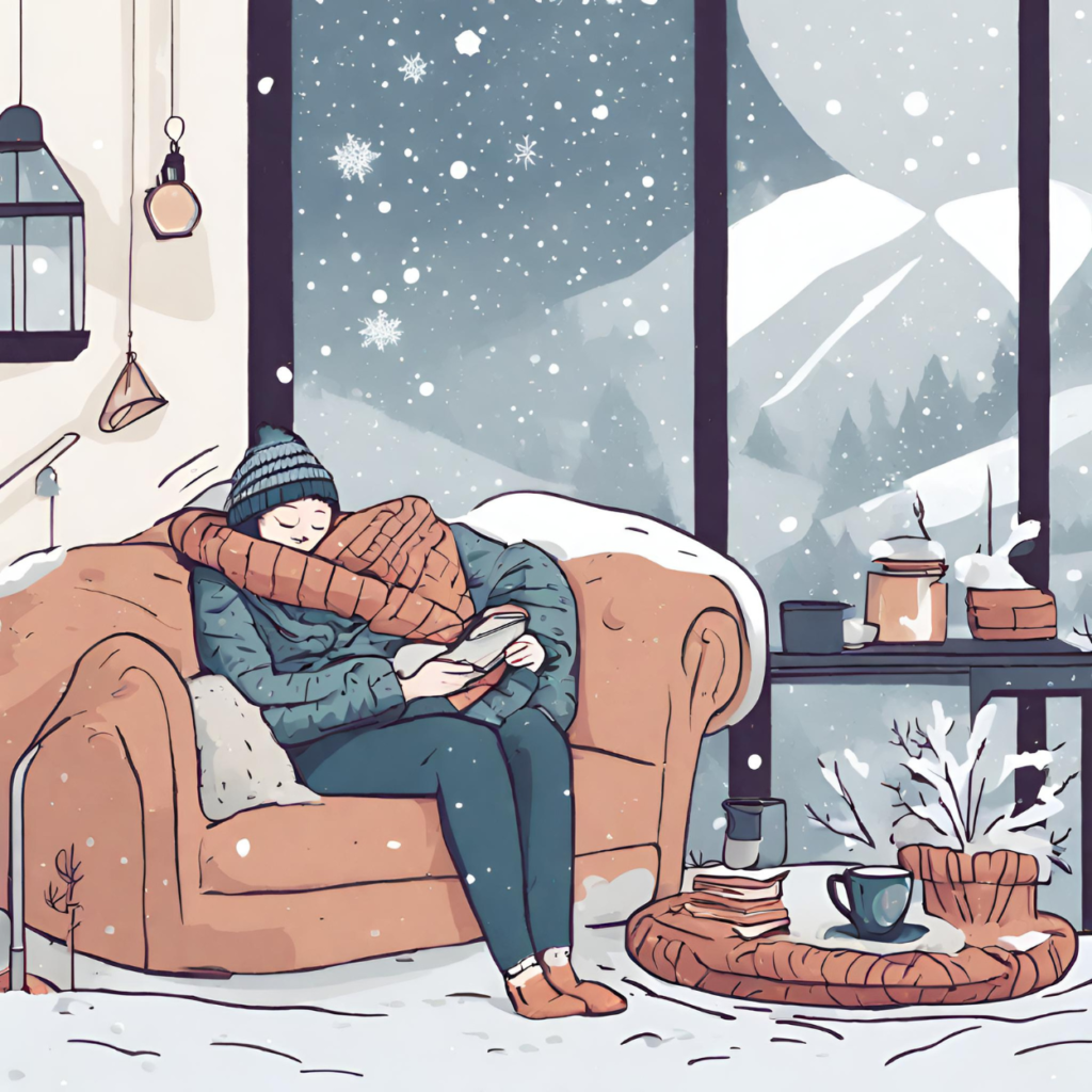 A person bundled up in winter clothing taking a nap while it snows outside