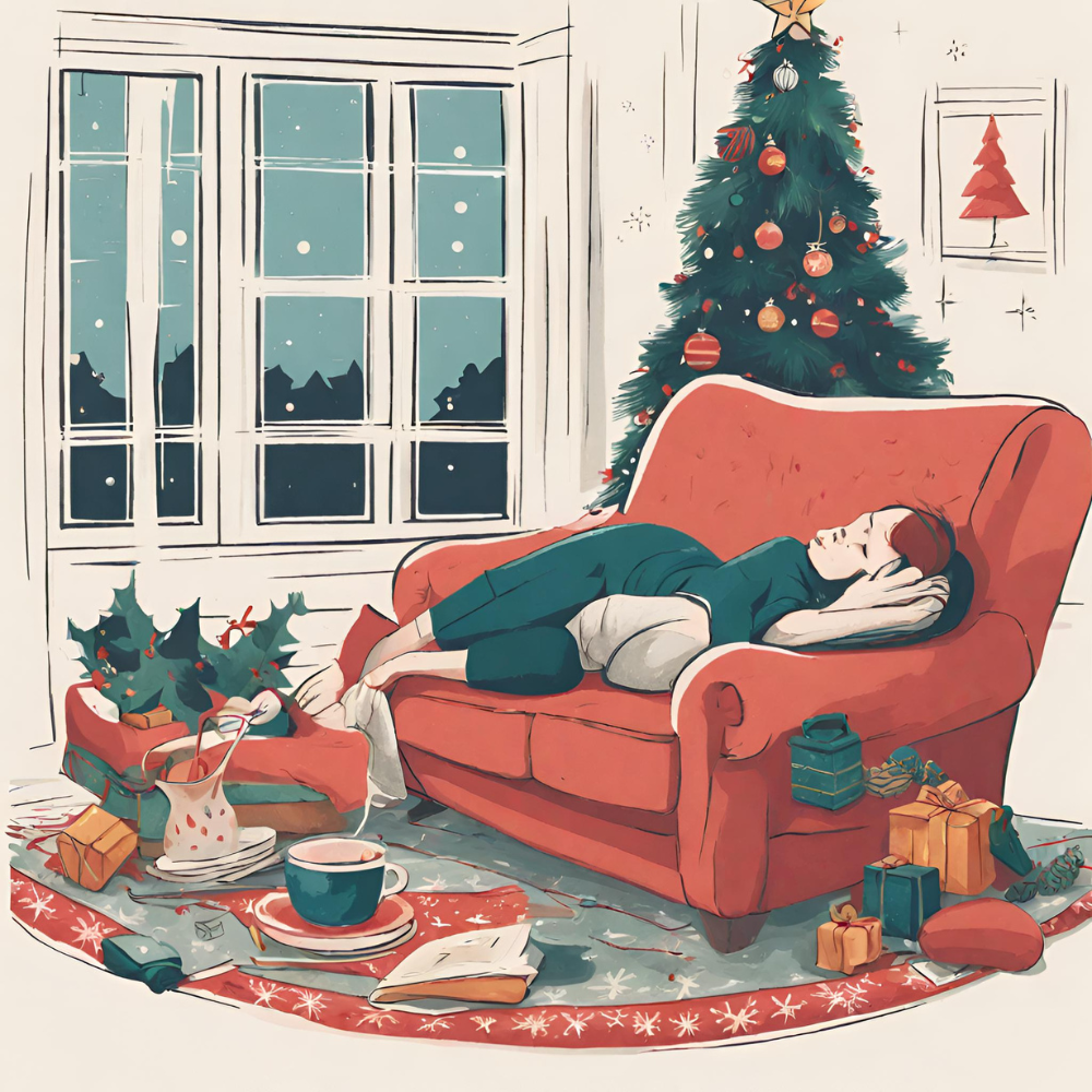 A person taking a festive nap during the holiday season