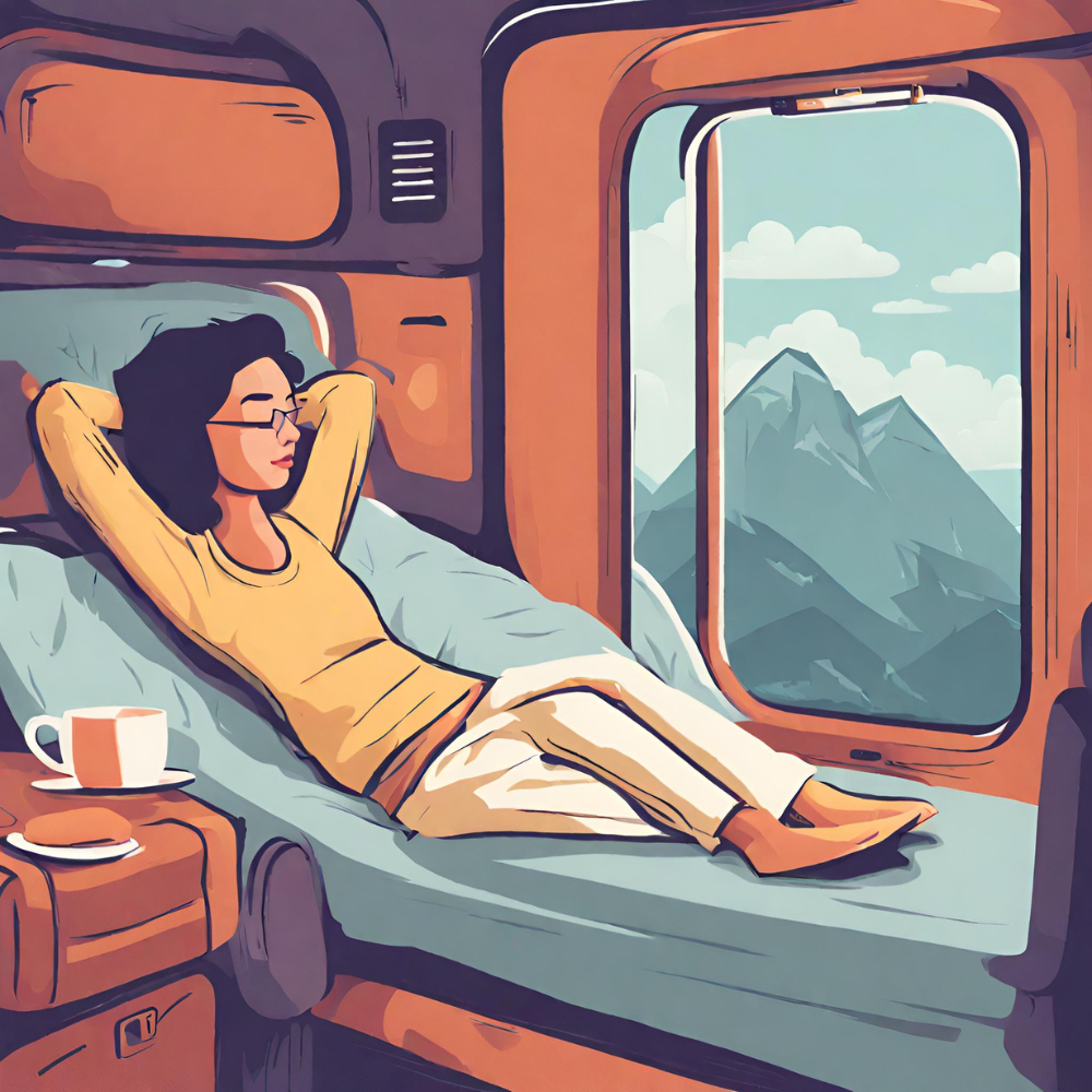 A woman taking a nap in a train car in order to have some rest while traveling