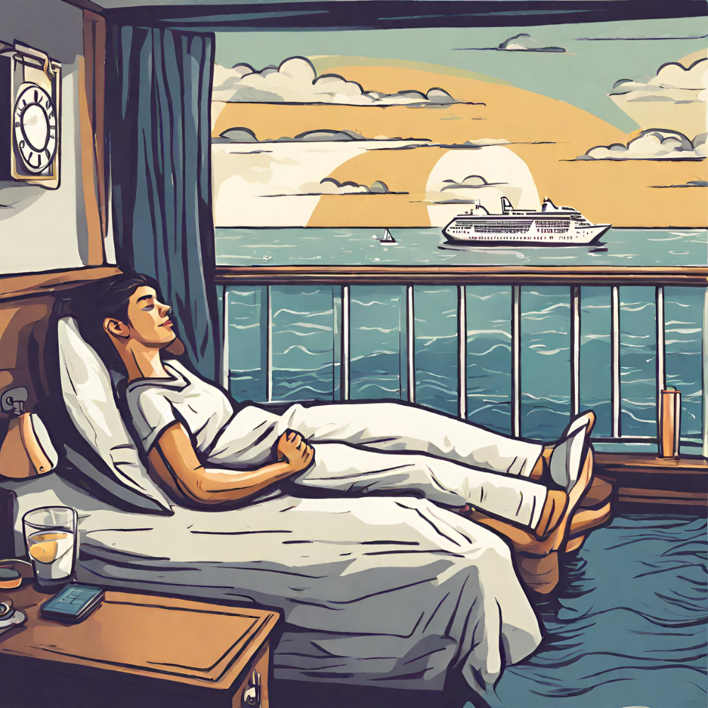 A person taking a nap in the cabin of a cruise ship with the view of the open ocean in the background