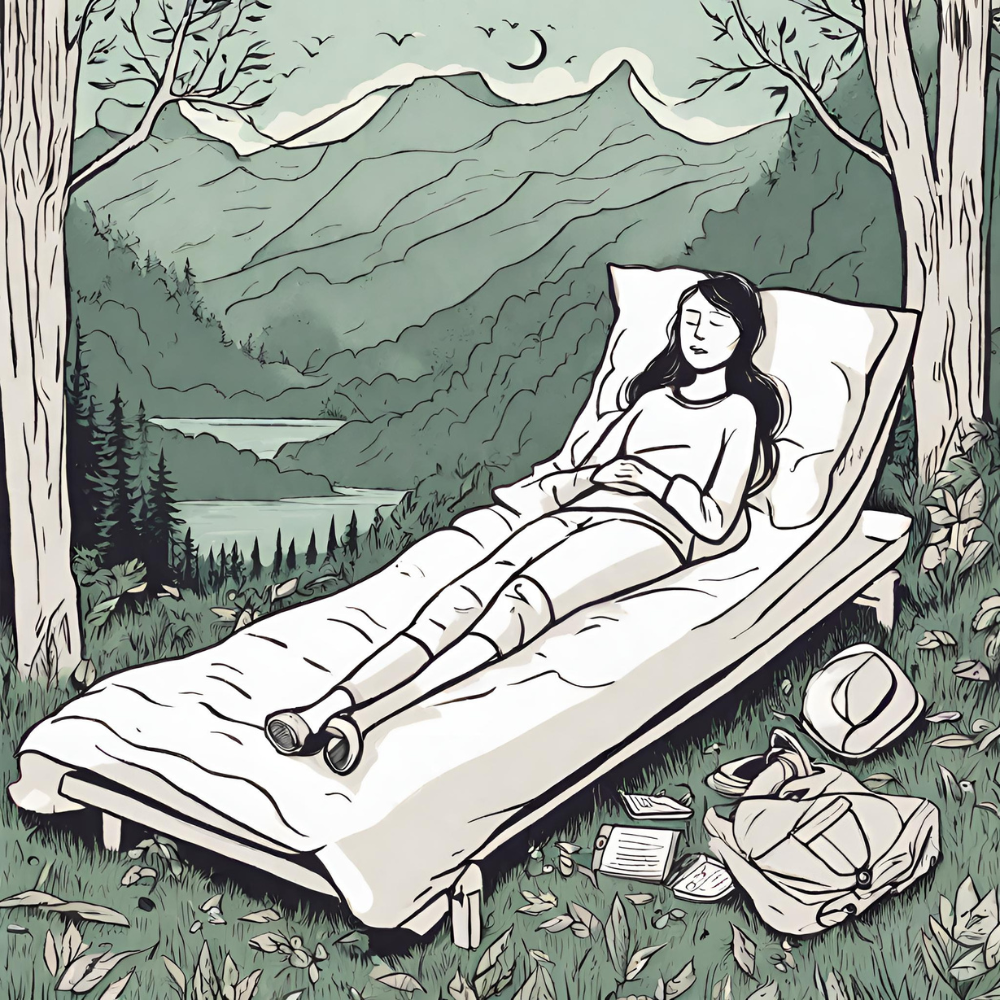 A woman resting outdoors while traveling on a comfy lounge chair surrounded by trees and mountains