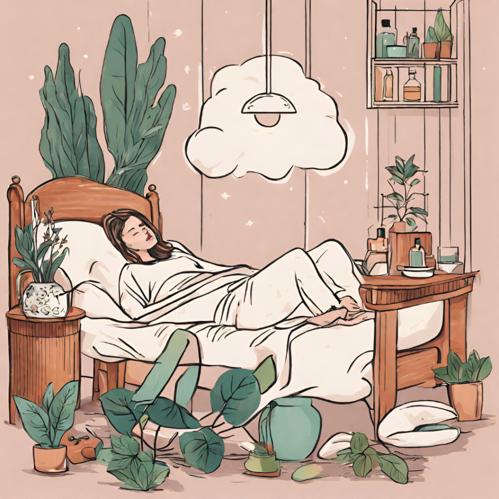 A woman in a plant-filled bedroom resting thanks to aromatherapy