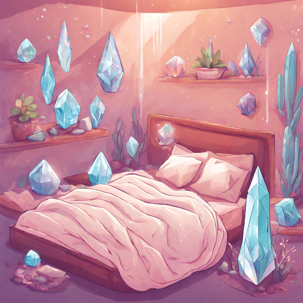 A bedroom surrounded by crystals for napping